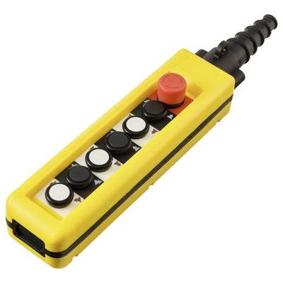 Télécommande industrielle jaune avec cinq boutons noirs et un bouton d'arrêt d'urgence rouge sur un boîtier en plastique.
