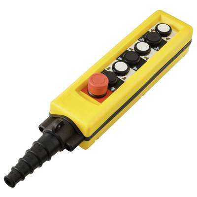 Un boîtier de commande industriel jaune doté de cinq boutons-poussoirs noir et blanc et d'un bouton d'arrêt d'urgence rouge.