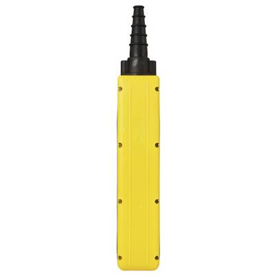 Une télécommande industrielle verticale jaune avec une poignée noire torsadée en haut, présentant des vis latérales visibles pour l'assemblage.