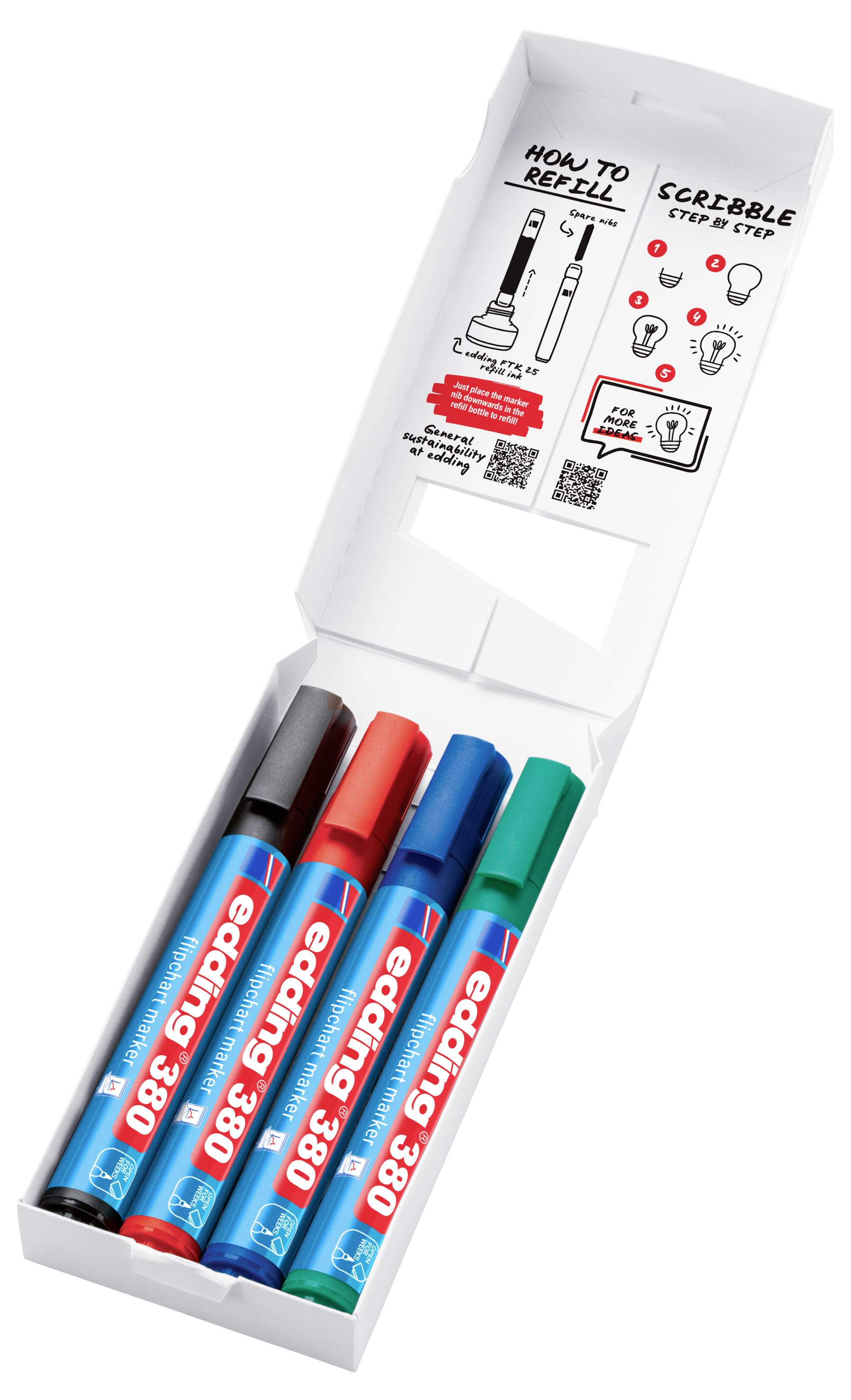 Boîte blanche ouverte contenant quatre stylos marqueurs de recharge Scribble Step aux couleurs vives et une carte d'instructions intitulée « Comment recharger » avec de petits diagrammes et des codes QR.