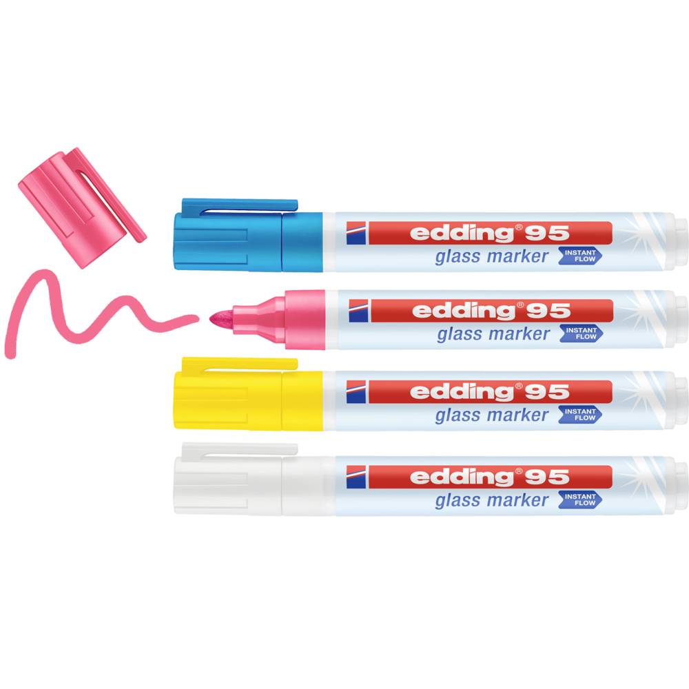 Quatre marqueurs pour tableau blanc Edding 95 en bleu, rouge, jaune et blanc. Le marqueur rouge ouvert montre la ligne tracée.