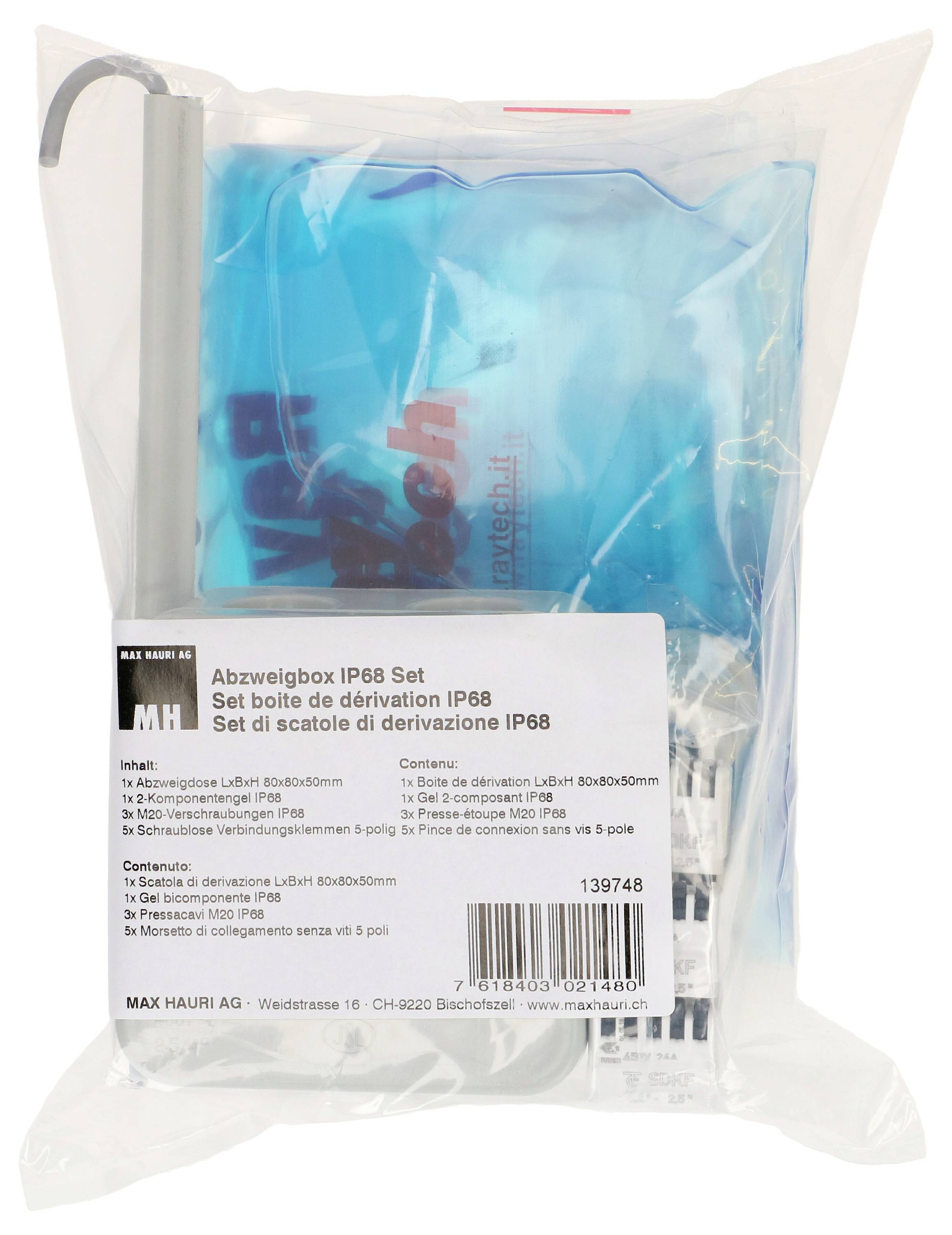Un ensemble pour boîtes de dérivation, classé IP68. Contient divers composants dans un sachet en plastique transparent, mis en valeur en bleu.