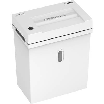 Destructeur de documents, blanc, avec fenêtre de visualisation et commandes pour différents matériaux ; adapté pour un usage bureautique ou domestique.