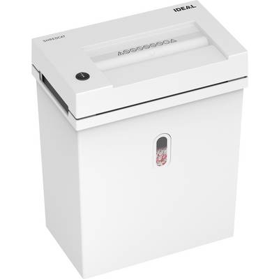 Un destructeur de documents blanc avec une fenêtre transparente indique le niveau de remplissage. En haut se trouvent des boutons et des symboles de commande.