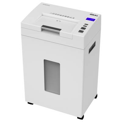 Un destructeur de documents blanc avec vue transparente sur le bac de récupération et des éléments lumineux bleus. Adapté aux environnements de bureau.