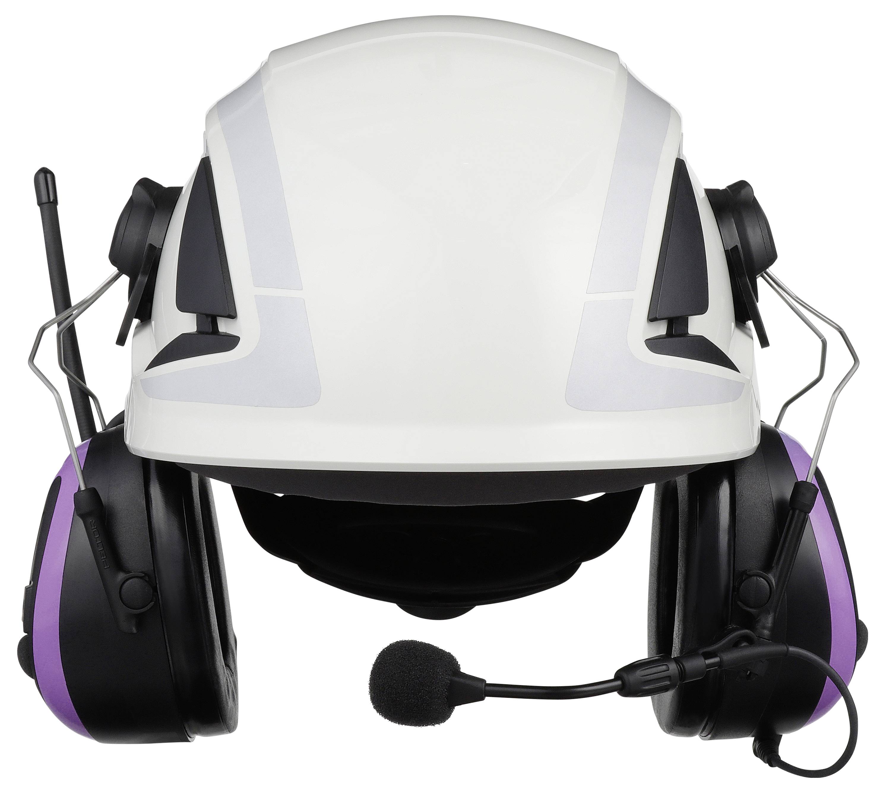 Un casque de protection blanc avec des protège-oreilles mauves et un microphone, adapté pour communiquer dans des environnements bruyants.