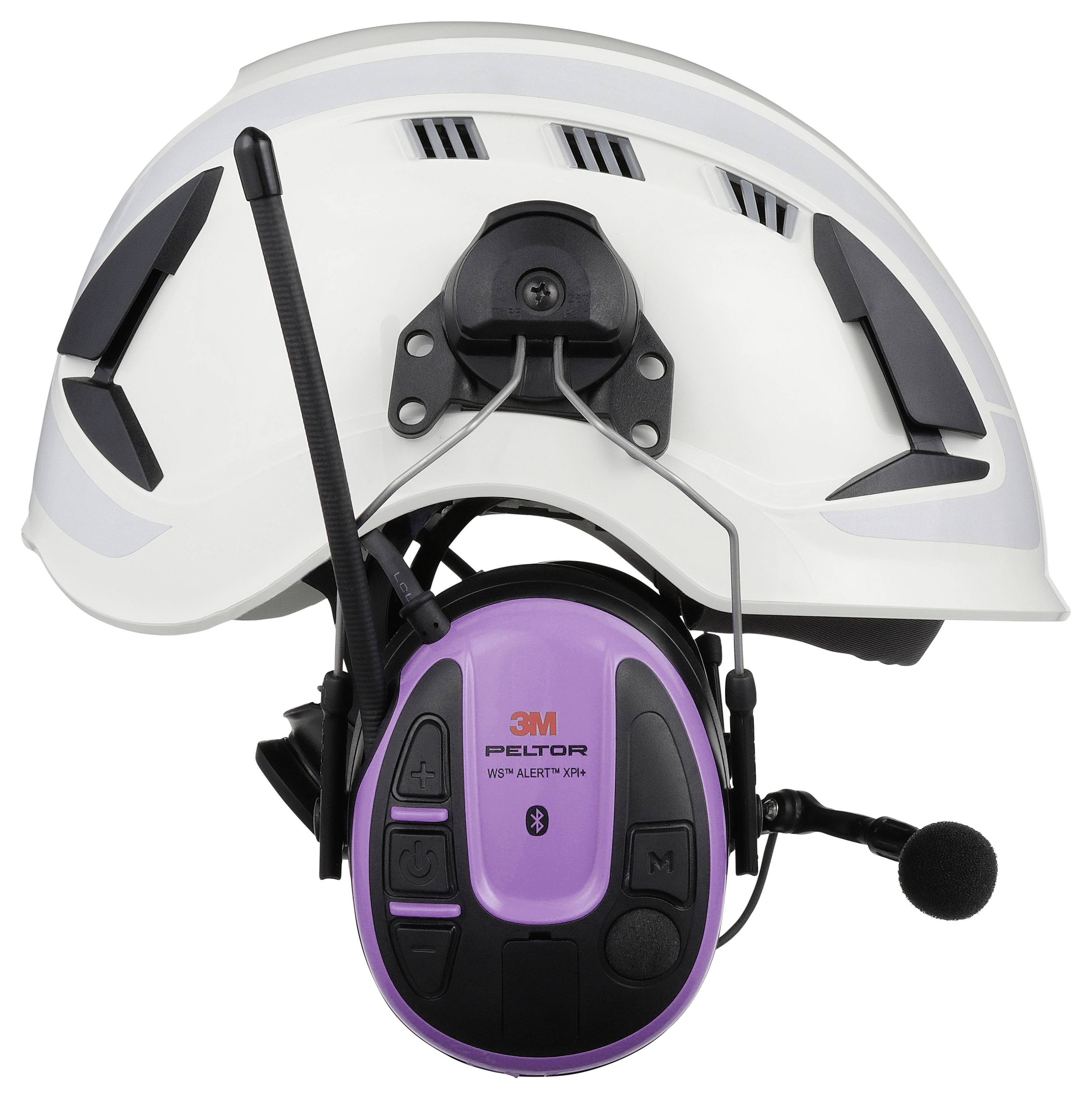 Casque de protection blanc et violet avec dispositif de communication Peltor intégré. Comprend un microphone et une antenne, adapté aux environnements bruyants.