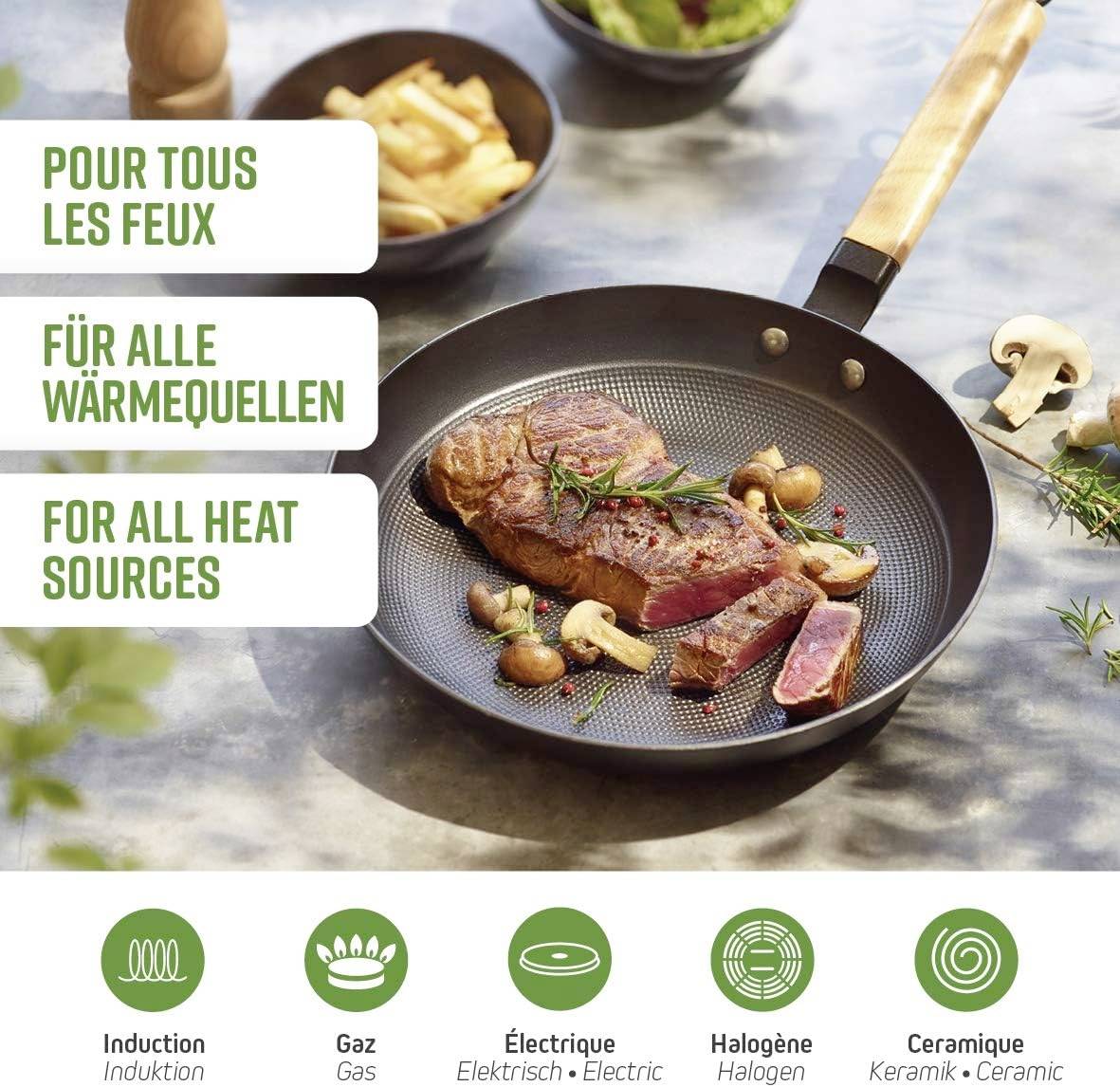 Poêle avec steak rôti et champignons, adaptée à l'induction, au gaz, à l'électrique, à l'halogène, à la céramique. Le texte sur la poêle illustre sa polyvalence.