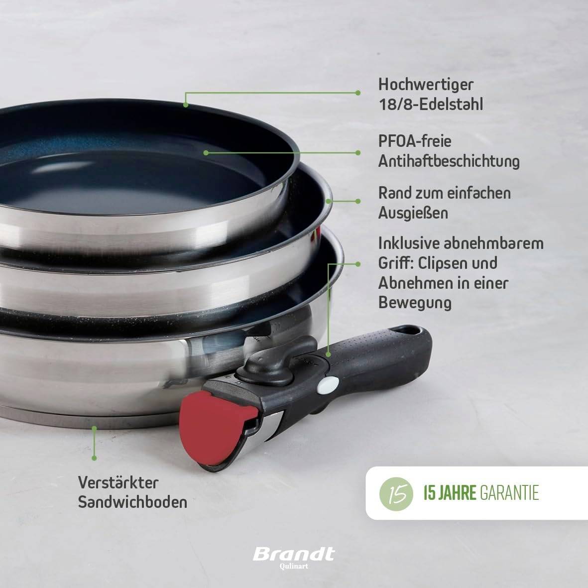 Deux poêles empilées avec une poignée rouge. Texte : 'Acier inoxydable de haute qualité 18/8, revêtement antiadhésif sans PFOA, garantie de 15 ans'.