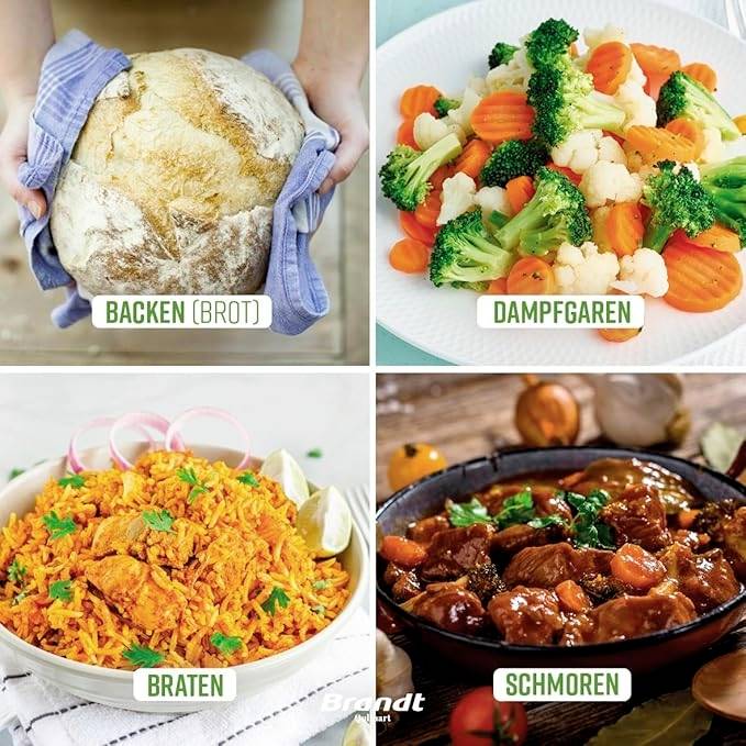 'Quatre méthodes de cuisson avec des images : Cuisson au four (Pain), Vapeur (Légumes), Poêlage (Riz), Braising (Viande).'