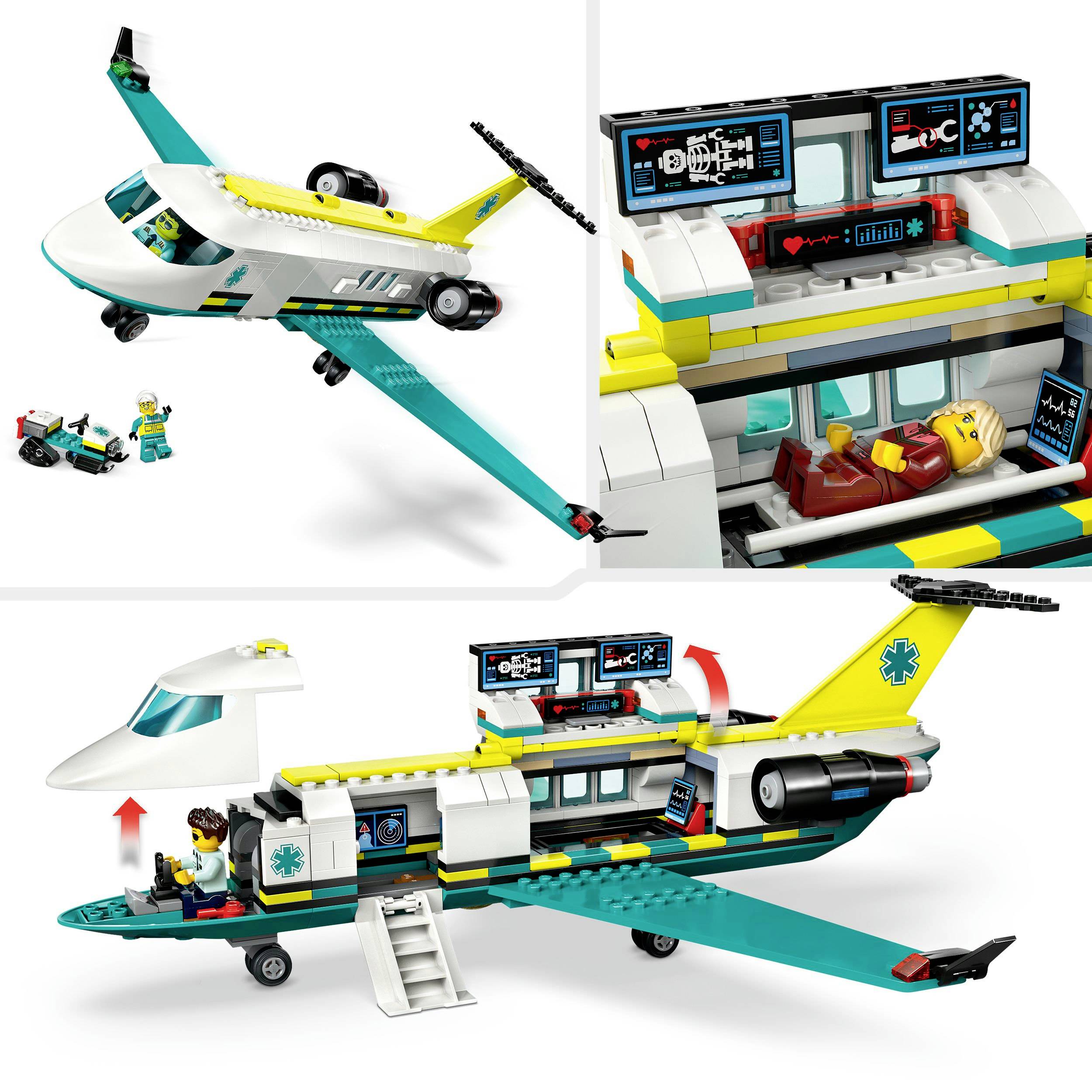 Jouet LEGO : Un avion de secours avec intérieur médical, un pilote dans le cockpit et une civière avec figurine de médecin.