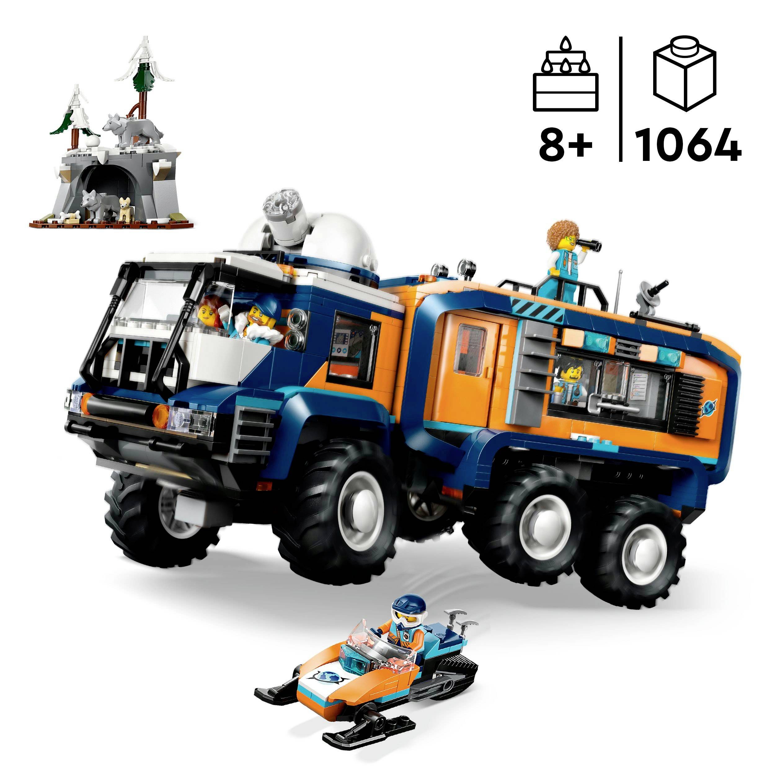 Un véhicule d'expédition bleu-orange à six roues en briques de construction avec figurines. Convient aux enfants à partir de 8 ans, le set contient 1064 pièces.