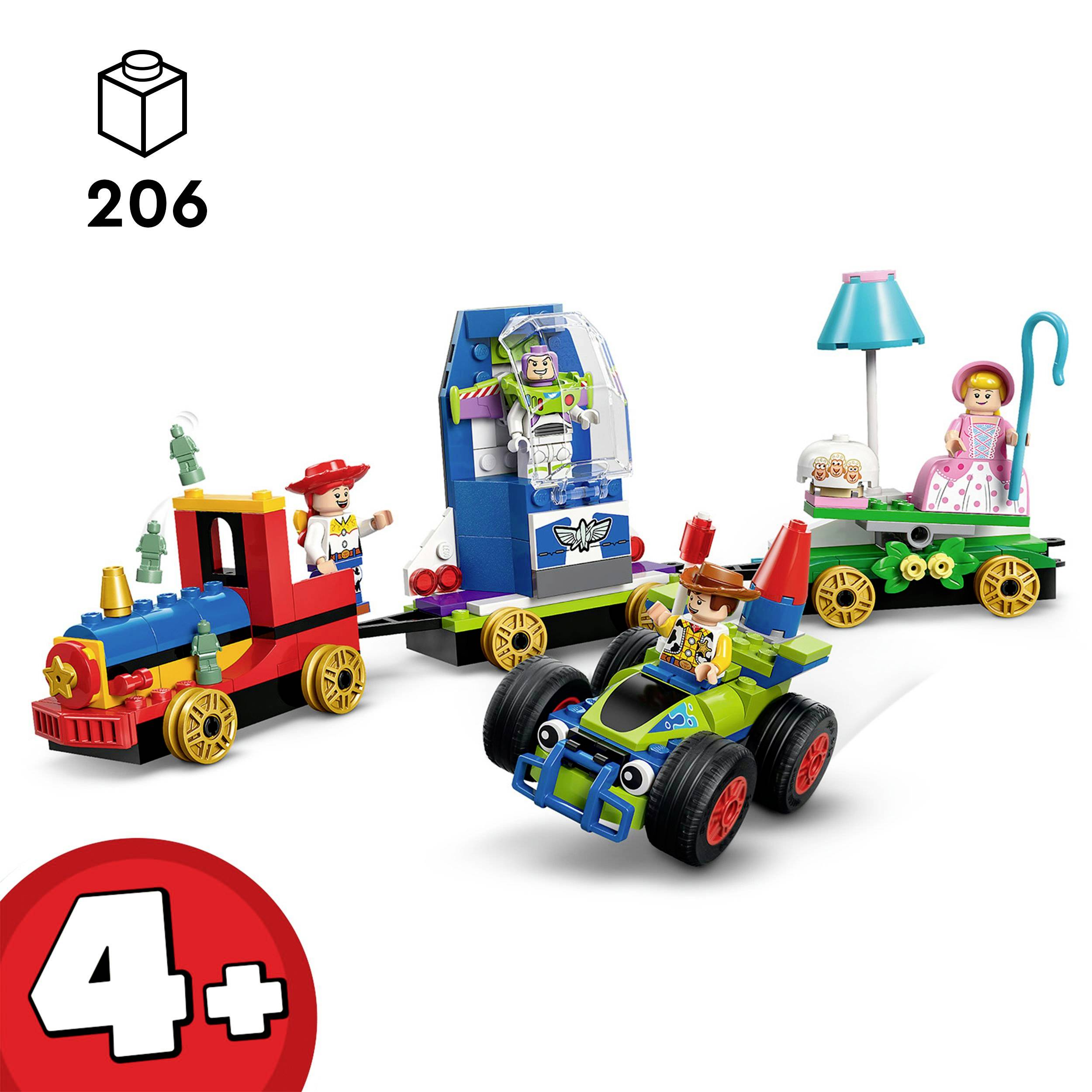 Un train jouet coloré en blocs de construction avec des figurines de style cowboy, astronaute et landau de poupée. Convient à partir de 4 ans.