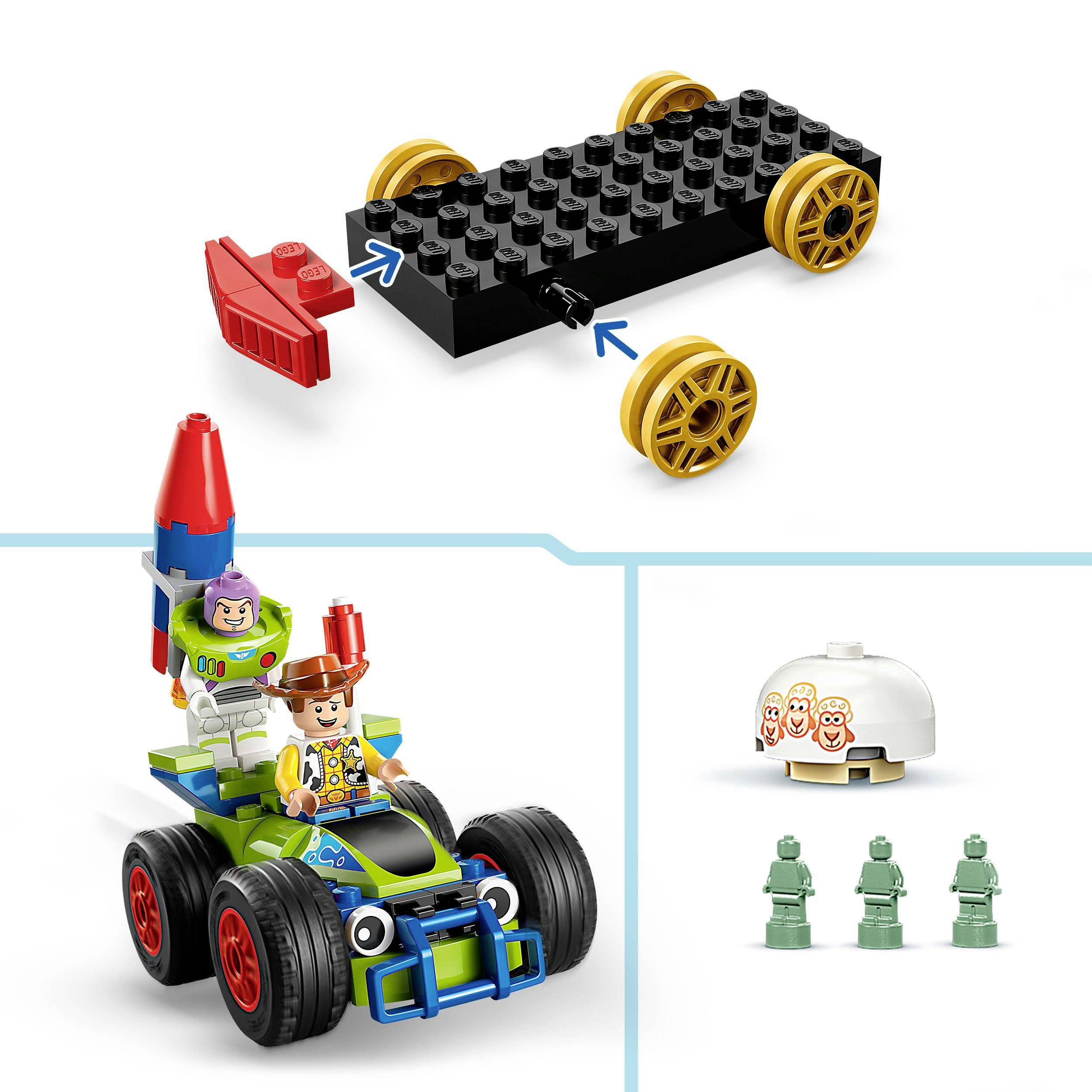 Voiture de course jouet en briques de construction avec figurines, comprenant une voiture avec de grandes roues, un casque, des figurines et une rampe de lancement.