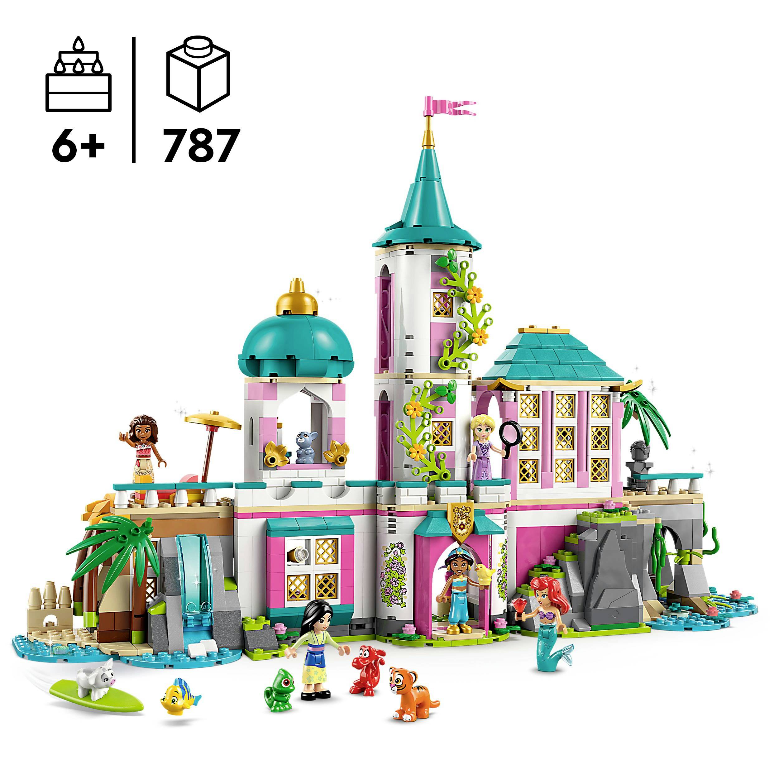 Ensemble château jouet pour enfants à partir de 6 ans avec 787 pièces, incluant figurines et animaux. Château coloré avec tours et décorations.