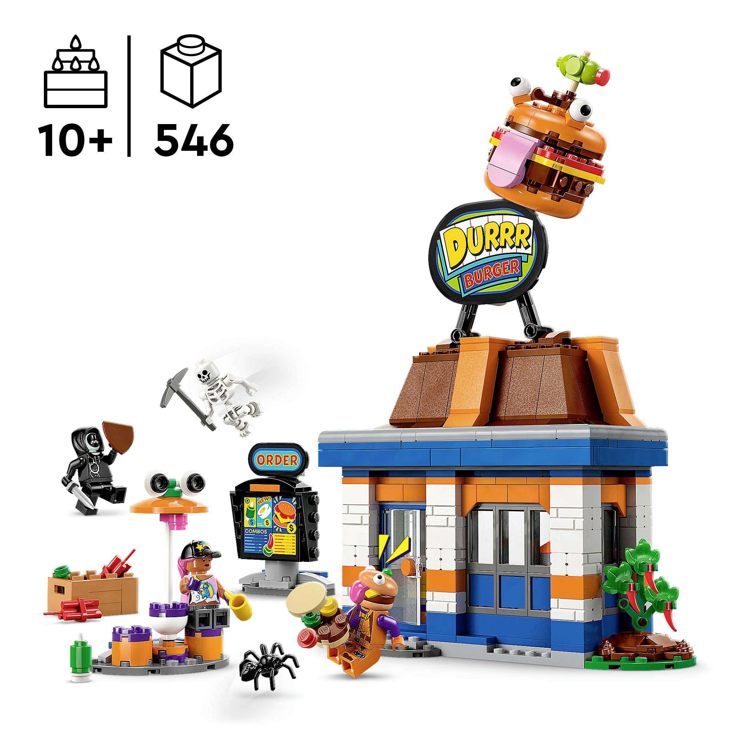 Ensemble de jouets avec restaurant de burgers, figurines et accessoires. Recommandé pour les enfants à partir de 10 ans, contient 546 pièces.