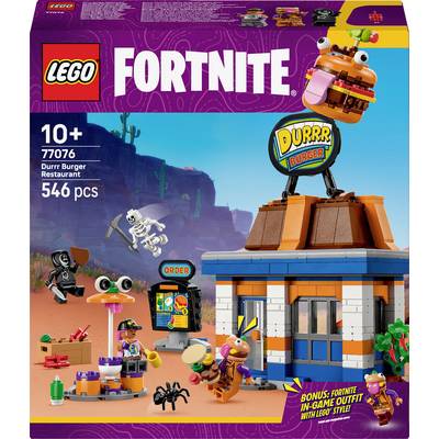 Set de construction LEGO 'Restaurant Durr Burger Fortnite' avec 546 pièces. Comprend des figurines, un modèle de restaurant et des éléments Fortnite.