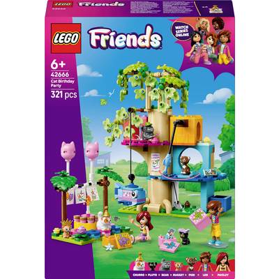 Coffret de jouets 'LEGO Friends Fête d'anniversaire des chats'. Scène de cabane dans les arbres avec figurines, chat, jouets et décorations de fête. Pour enfants à partir de 6 ans.