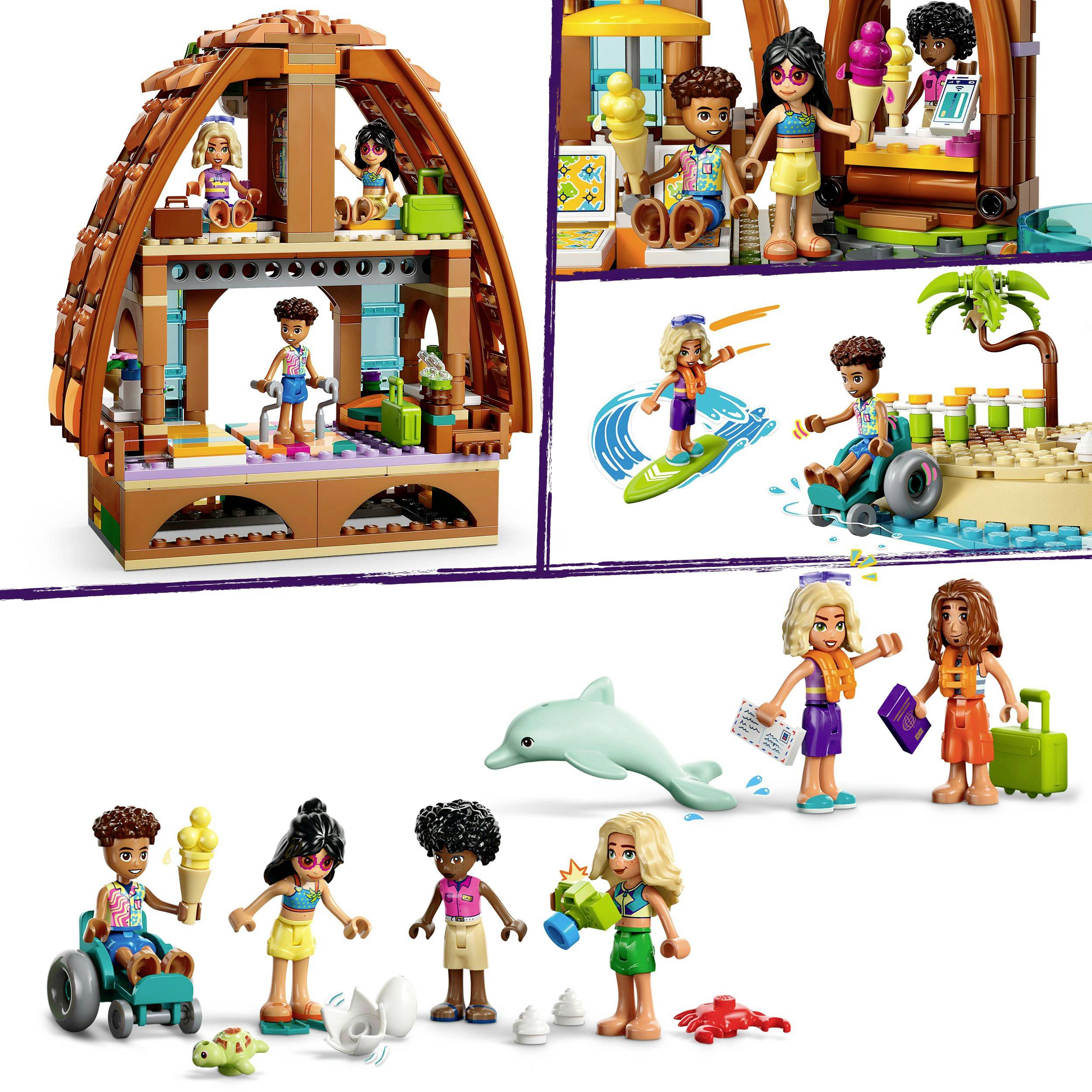Un set de jeu avec figurines en vacances : plage, planche de surf, dégustation de glace et valise. Un dauphin et de nombreux accessoires sont inclus.