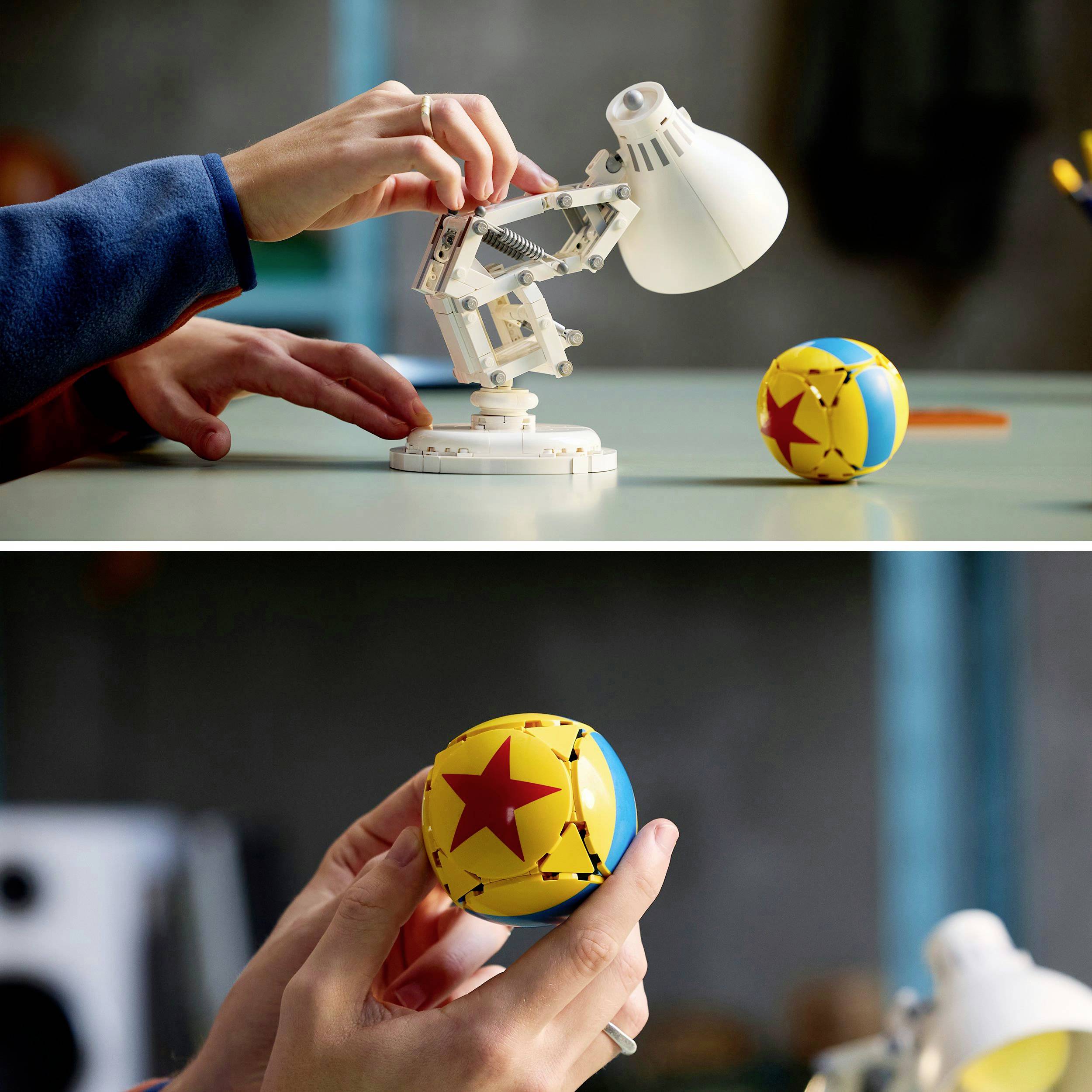 En haut : Une personne pointe vers une petite lampe fixée au bras robotique à côté d'une balle jaune. En bas : Une personne tient la balle.