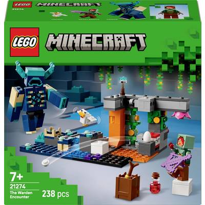 Set LEGO Minecraft 'La Rencontre avec le Gardien' avec 238 pièces. Comprend des figurines, des bâtiments et un environnement inspirés de Minecraft. À partir de 7 ans.