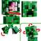 Le set Lego montre un cube vert avec des côtés qui s'ouvrent. À l'intérieur se trouvent une figurine rose et un bloc de TNT. Des flèches rouges indiquent les mouvements.