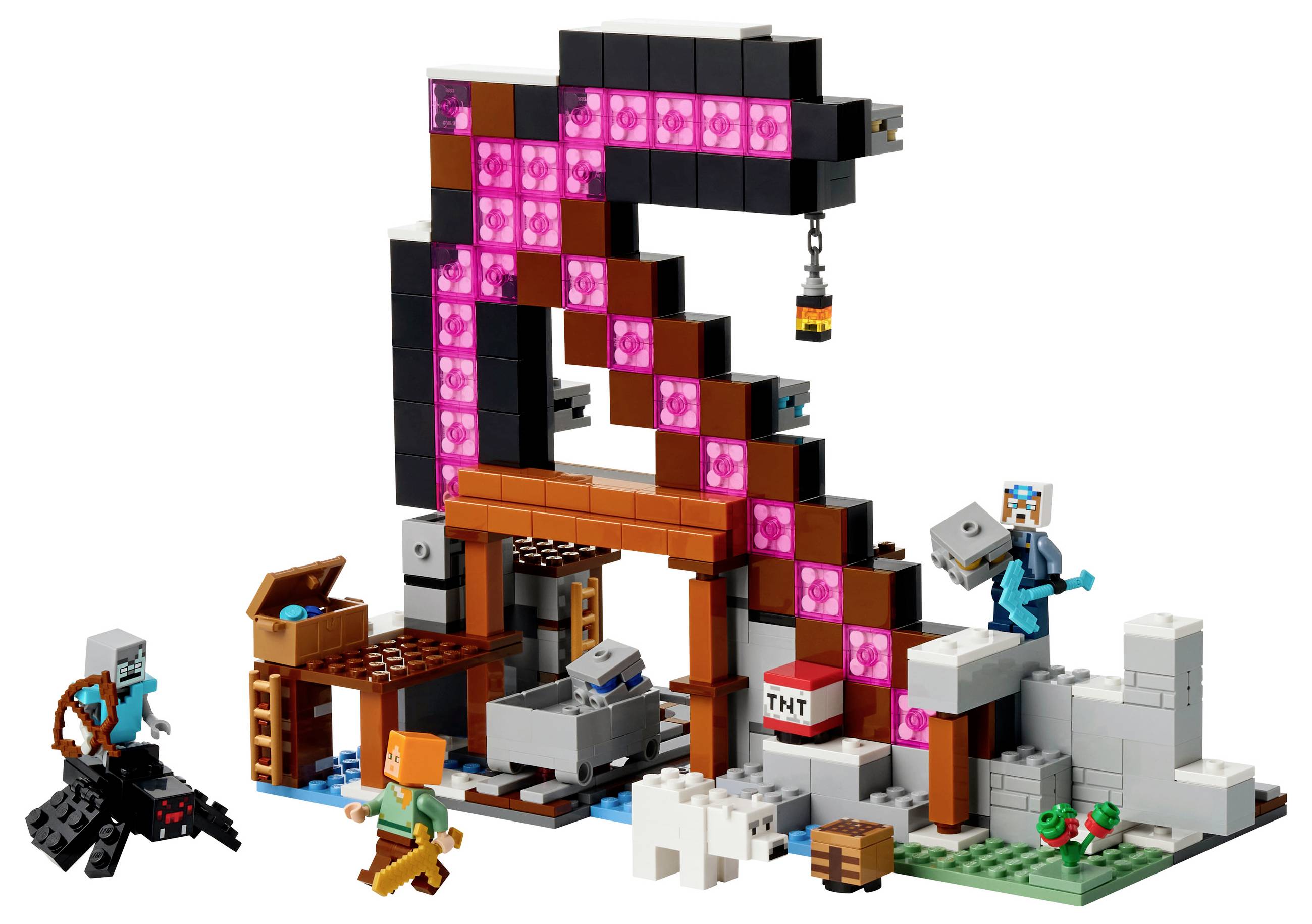 Un set Lego présente une scène Minecraft avec une grande structure en forme de 'A' faite de briques roses et noires, entourée de figurines et de blocs.