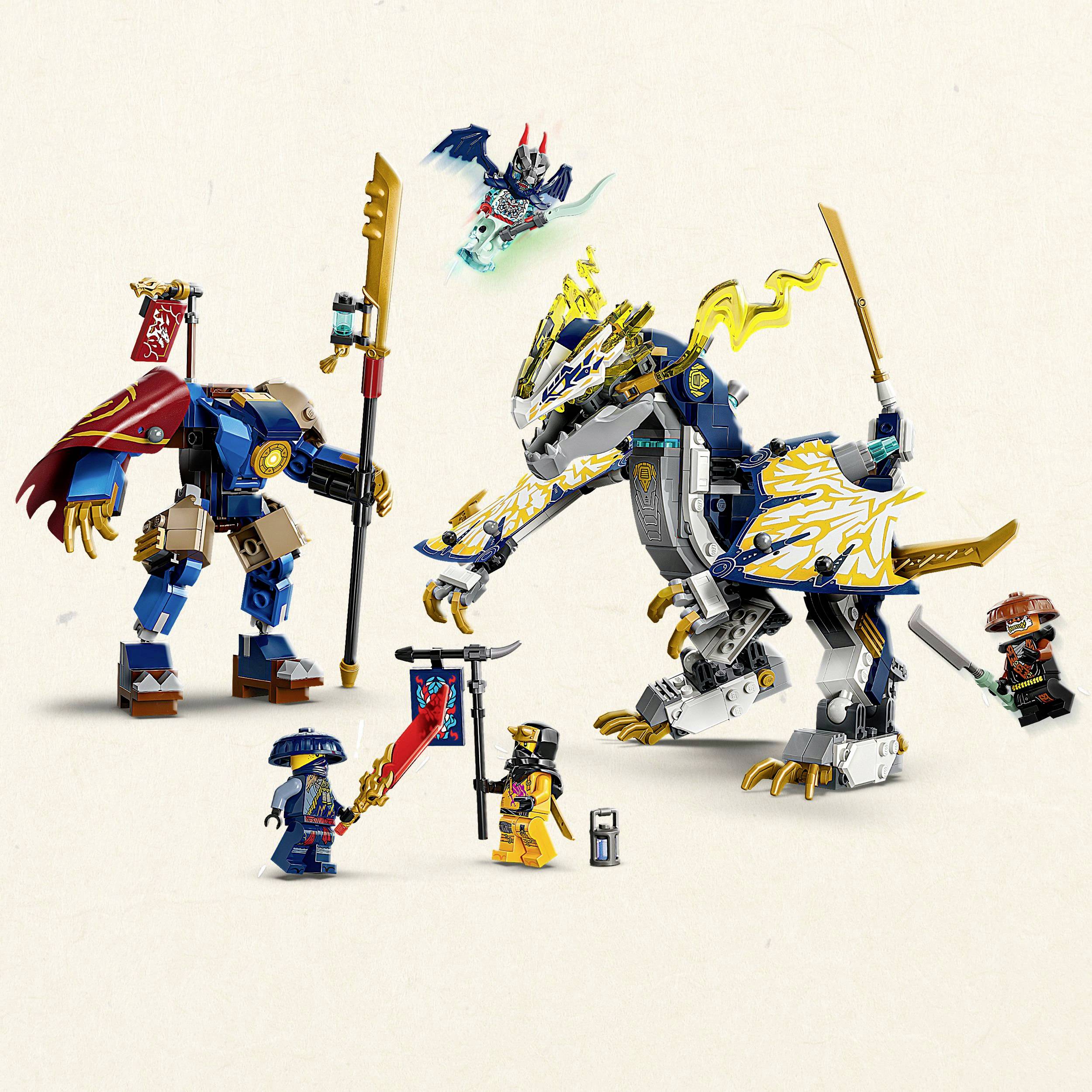 Quatre figurines LEGO, dont un dragon et un guerrier, dans un décor de combat fantastique. Des armures et armes colorées sont visibles.