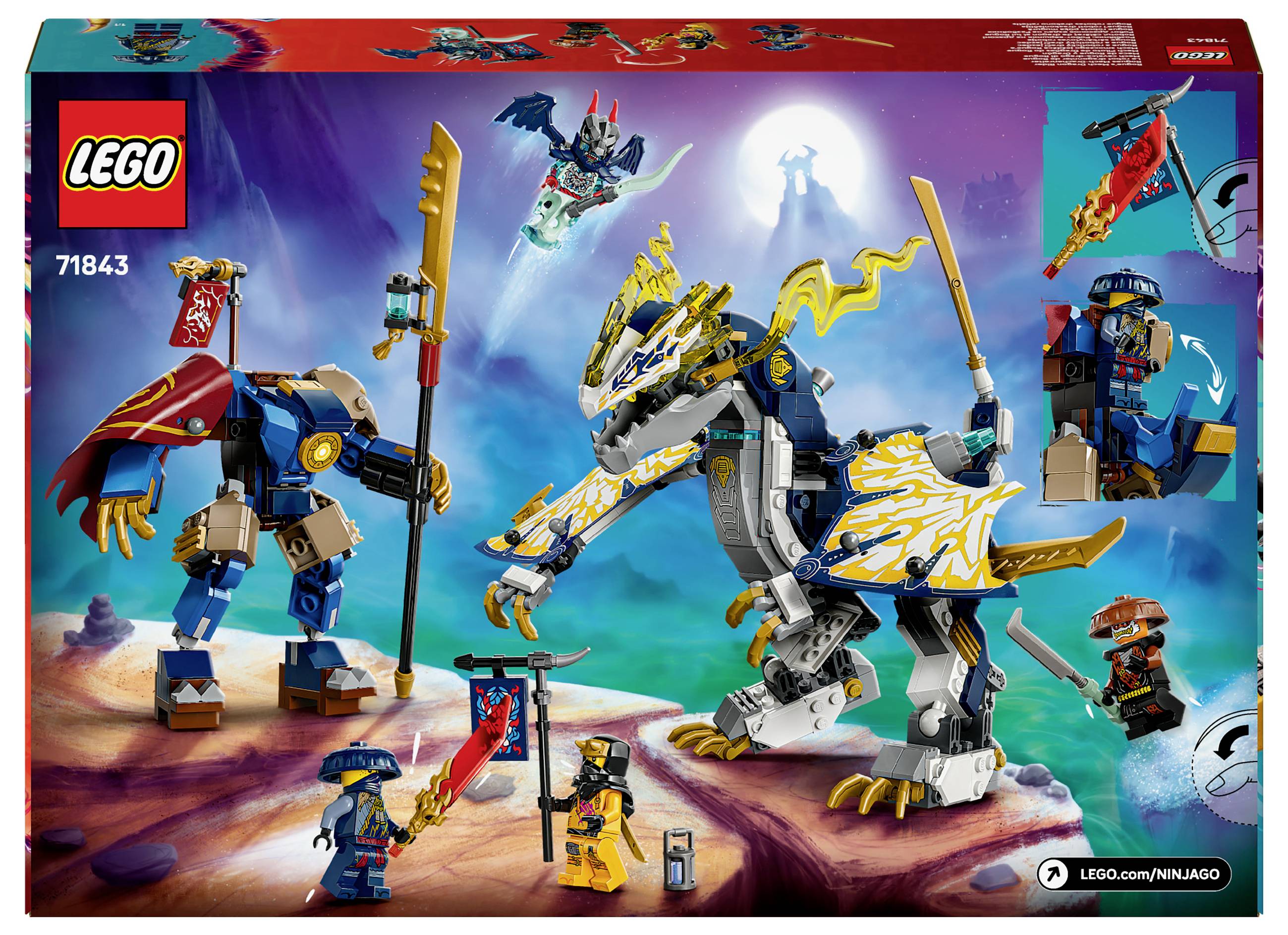 Set LEGO Ninjago avec dragon et plusieurs figurines, dont des guerriers avec armure et armes. Dragon en blanc et or avec queue articulée.