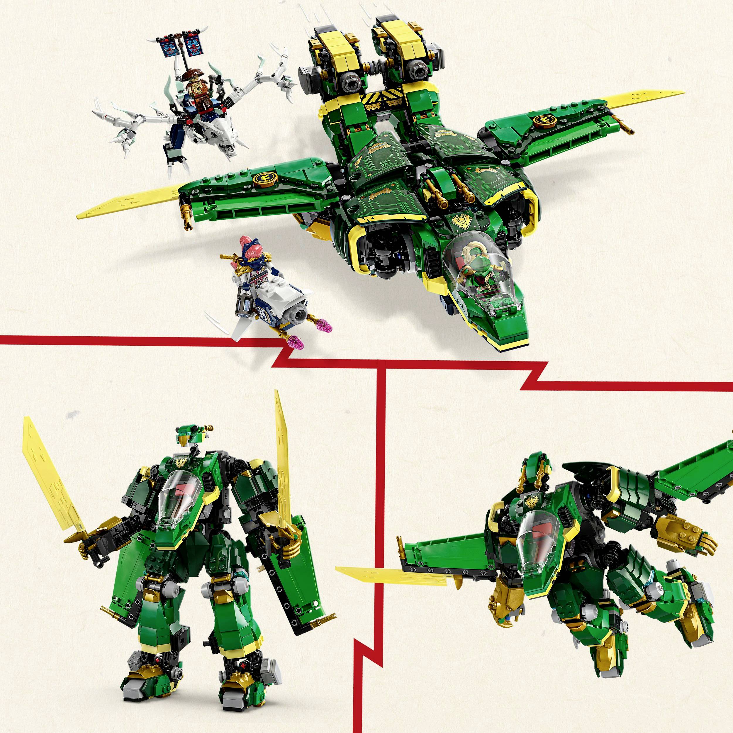 Ensemble de jouets Lego avec vaisseau spatial vert et deux robots de combat, représentés dans différentes poses avec armes et articulations.