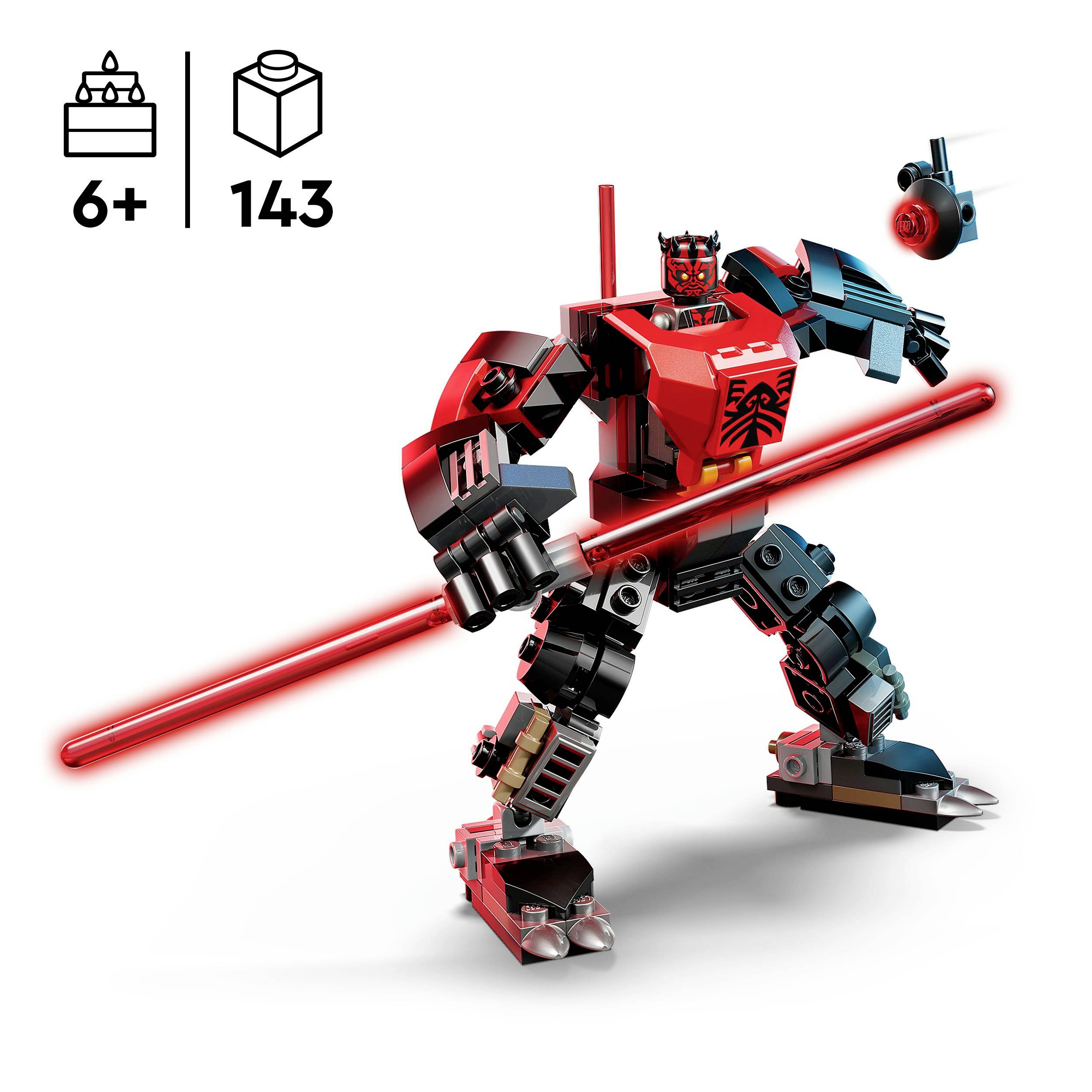 Robot Lego avec combinaison de protection rouge et sabre laser en action. À partir de 6 ans, 143 pièces.