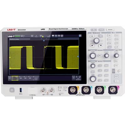 'Oscilloscope numérique avec écran affichant une forme de signal rectangulaire en jaune sur fond noir. Commandes et connexions visibles.'