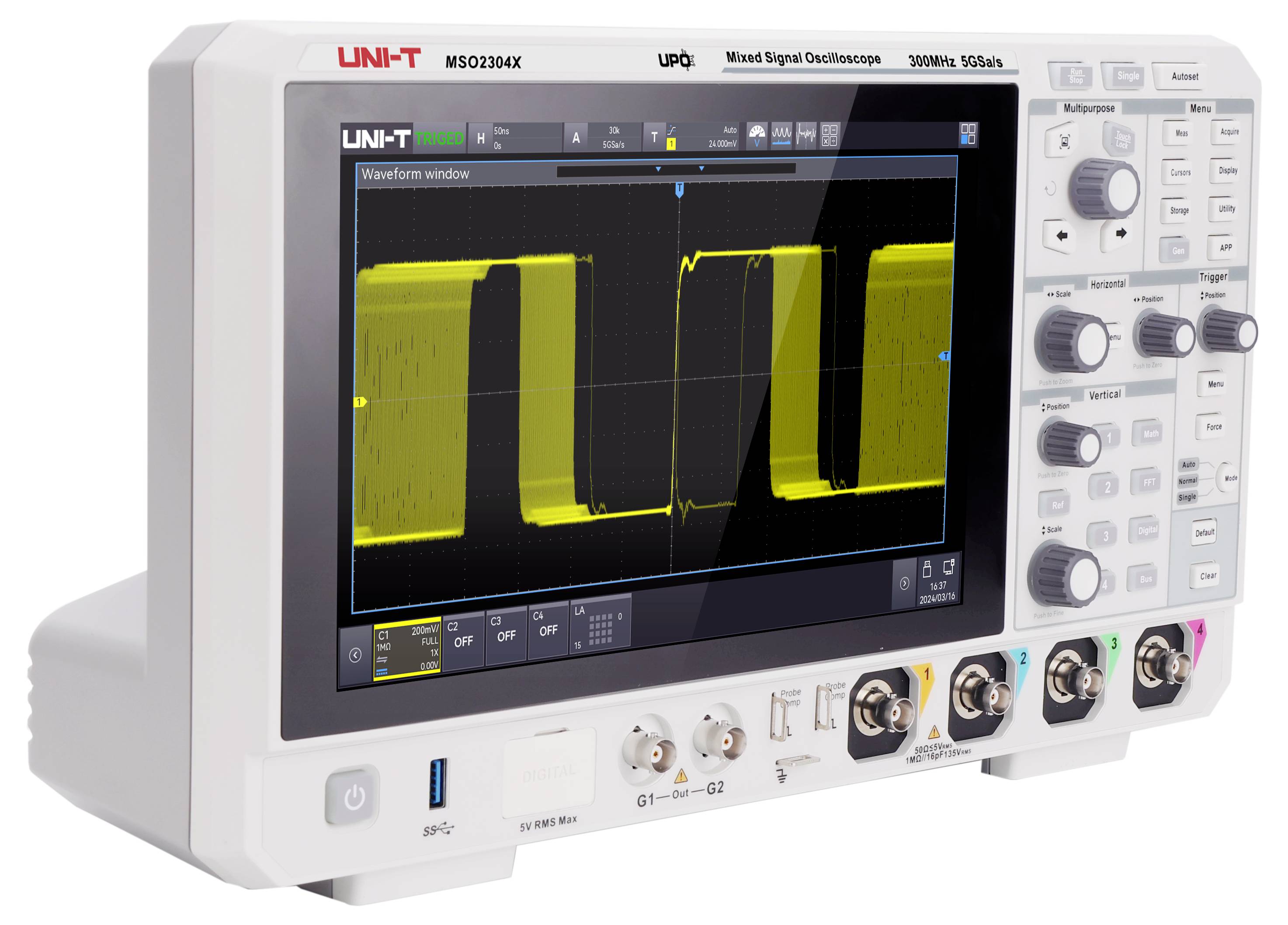 L'écran de l'oscilloscope affiche une forme d'onde rectangulaire sur l'écran avec des courbes et des diagrammes jaunes. L'appareil possède plusieurs boutons rotatifs.