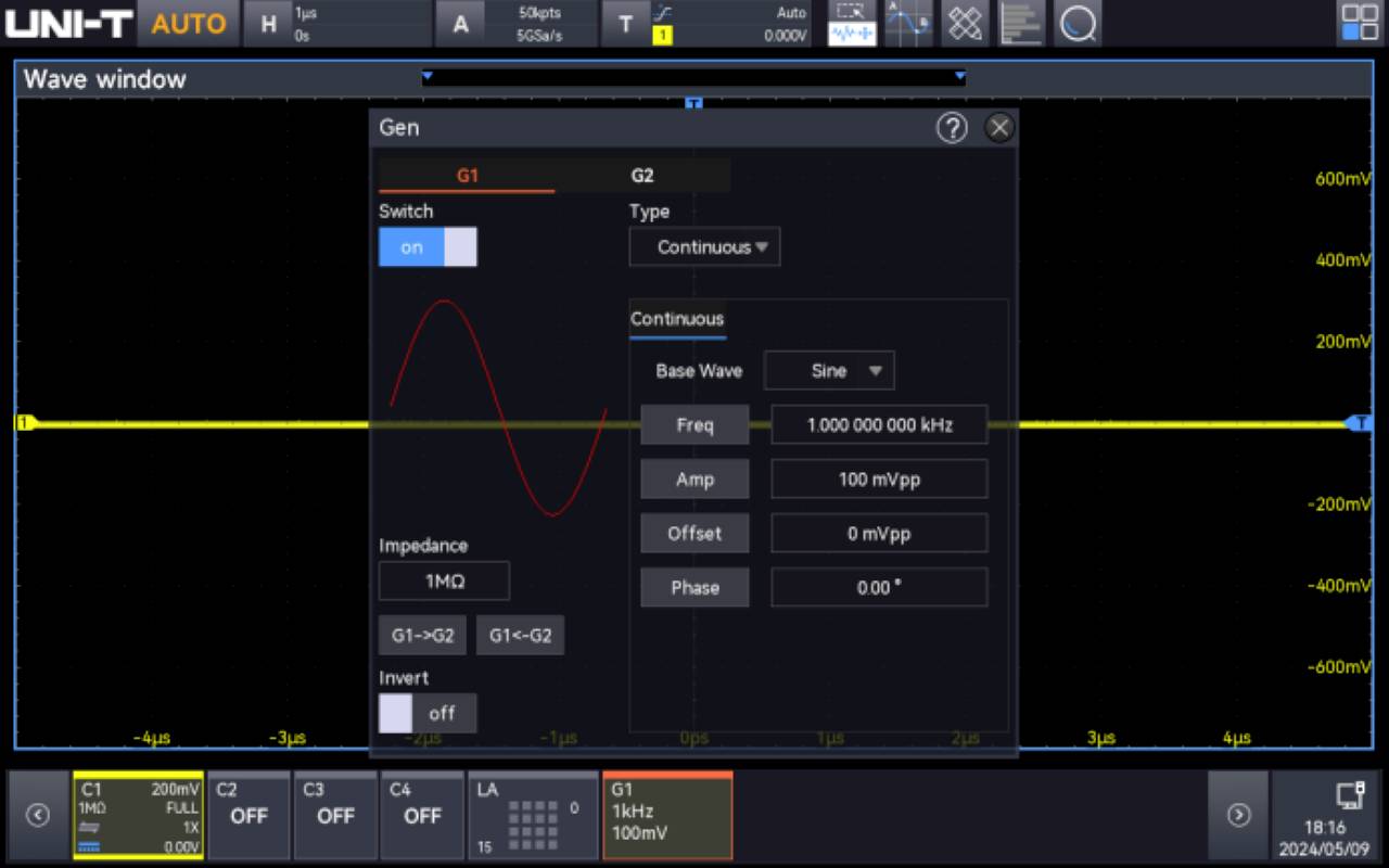 Image d'un oscilloscope affichant deux signaux : un signal sinusoïdal rouge et un signal carré jaune. Les paramètres de type de signal et de fréquence sont visibles.