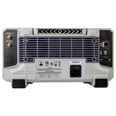 Arrière d'un appareil électrique avec des connexions pour câble Ethernet, prise d'alimentation et grille de ventilation. Des avertissements de sécurité sont illustrés.