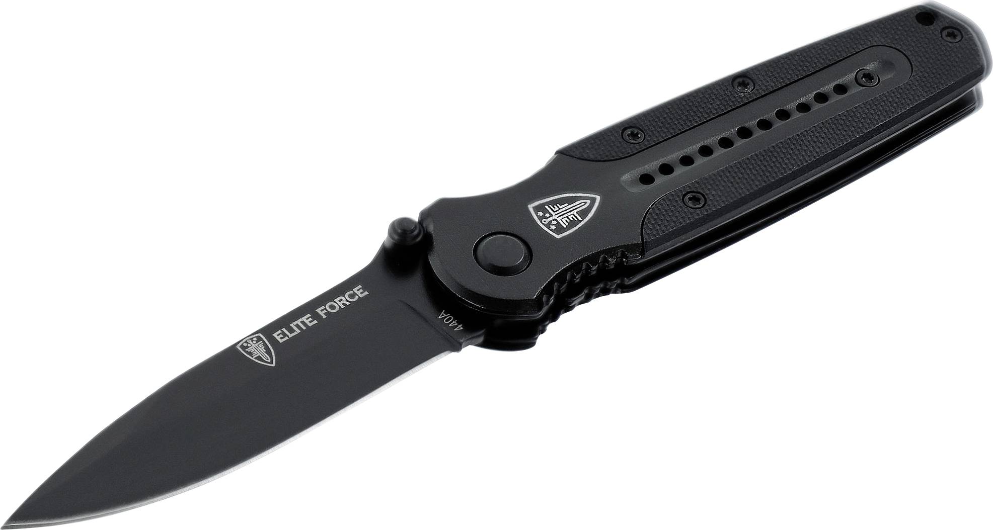 Couteau de poche noir avec lame noire et manche noir, inscription 'Elite Force' sur la lame.