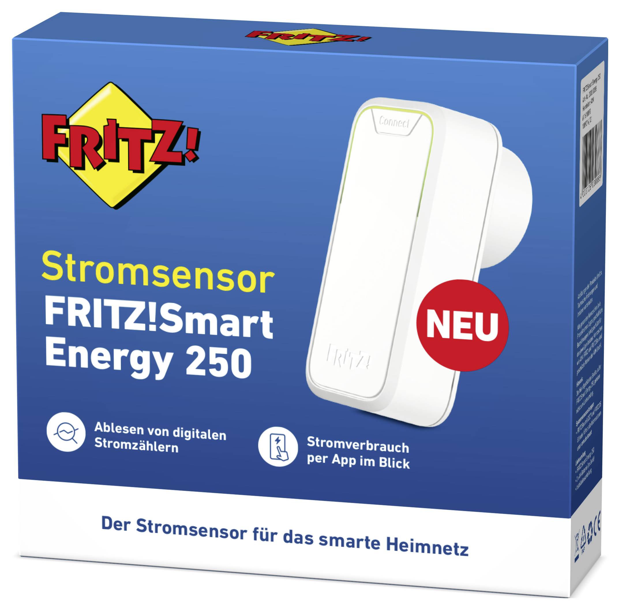 'FRITZ!Smart Energy 250' Capteur de consommation électrique avec représentation proéminente de l'appareil sur l'emballage. Propose un affichage de la consommation d'électricité via une application.