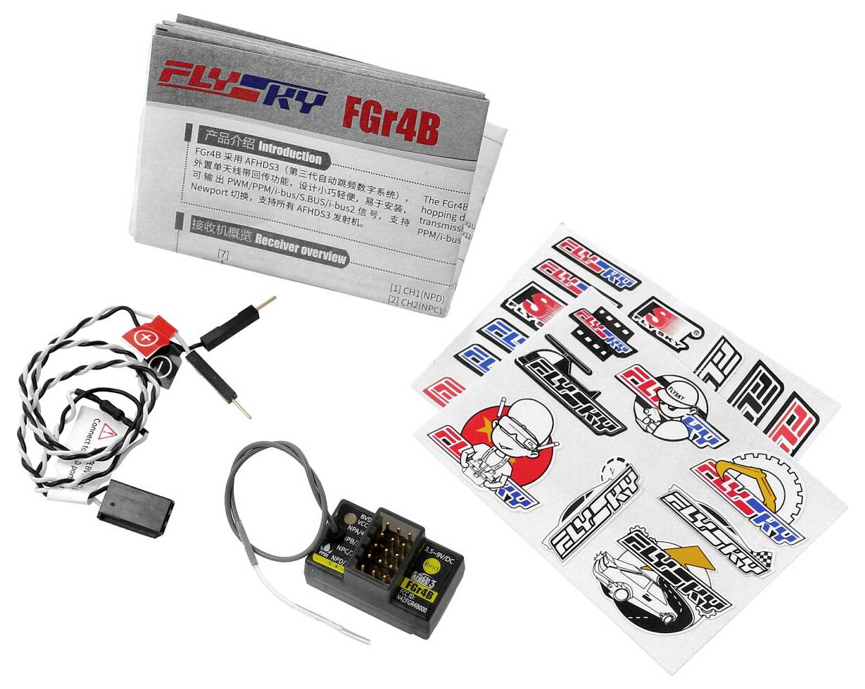 Ensemble récepteur FLYSKY FGr4B comprenant un récepteur avec câbles, des instructions en plusieurs langues et des autocollants.