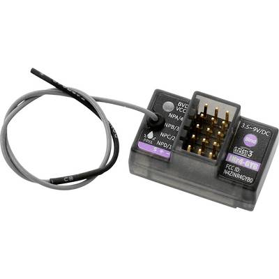 Capteur 'Spektrum INFA-GYB' avec câble, affiche l'ID FCC et une tension de fonctionnement de 3,5–9 V/CC. Comprend différents connecteurs et un bouton de liaison.