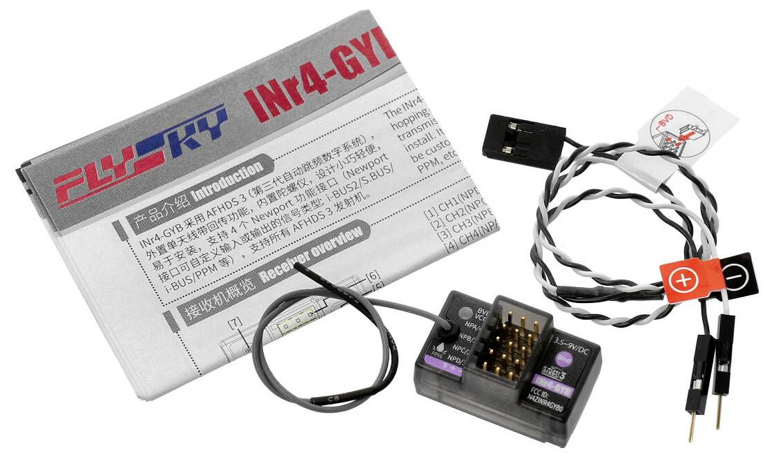 Récepteur FlySky IN4-GYI Set : Instructions, câble adaptateur avec fiche, récepteur avec barrette de connexion, câbles torsadés.