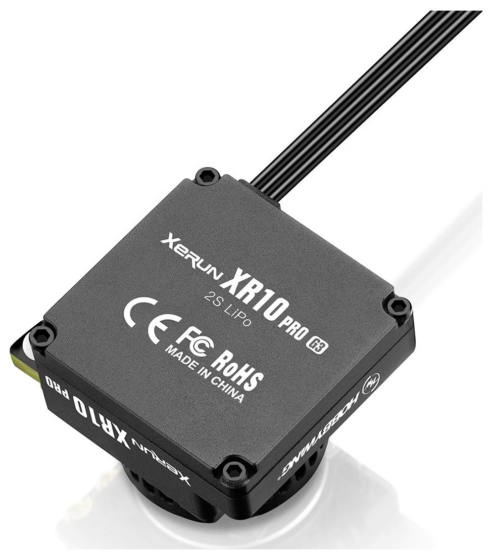 Un régulateur électronique noir portant l'inscription 'XeRun XR10 Pro 25 Lipo', 'CE', 'FC', 'RoHS', 'Fabriqué en Chine'.