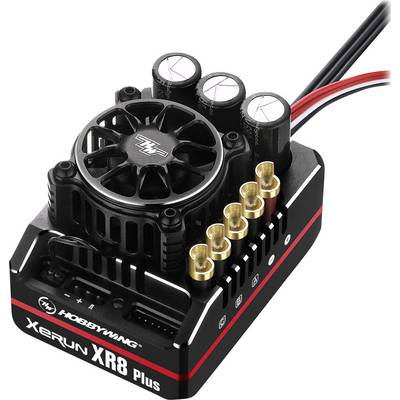 Contrôleur moteur 'XERUN XR8 Plus' de Hobbywing avec ventilateur et six ports de connexion, en noir avec des détails rouges.