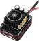 Contrôleur moteur 'XERUN XR8 Plus' de Hobbywing avec ventilateur et six ports de connexion, en noir avec des détails rouges.