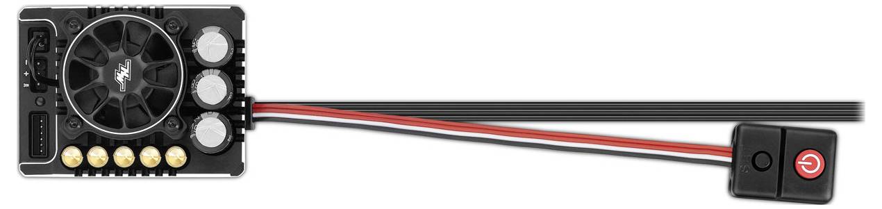 'Régulateur électronique de vitesse avec dissipateur thermique et ventilateur, cinq bornes dorées et interrupteur marche/arrêt rouge connecté.'