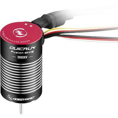 Un moteur électrique noir avec des lamelles argentées et une tête rouge, portant l'inscription 'QUICRUN Fusion Mini116 3000KV', avec des câbles en arrière-plan.