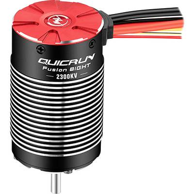 Moteur électrique 'Quicrun Fusion 8IGHT 2300KV' avec ailettes de refroidissement et plusieurs câbles, adapté pour une utilisation dans les véhicules radiocommandés.