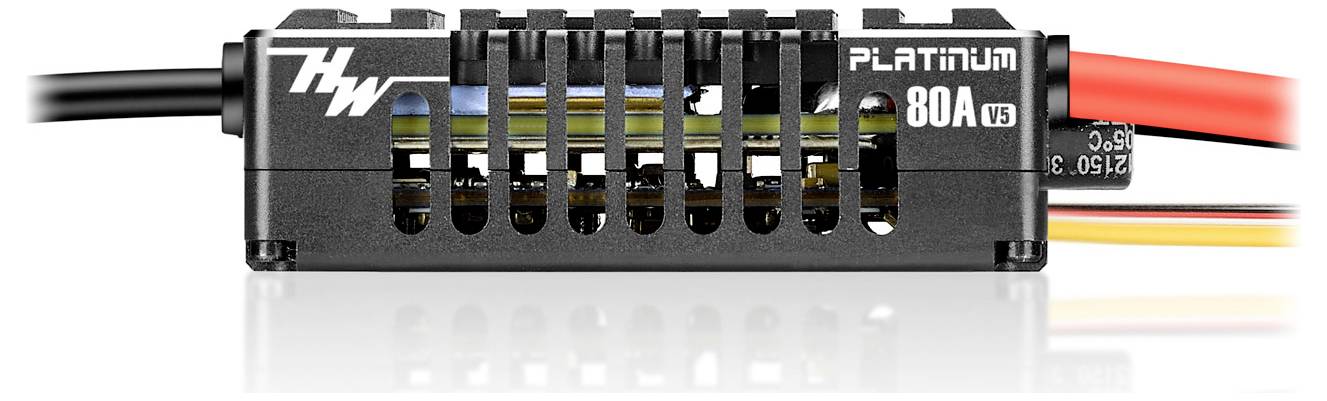 Composant électronique avec l'inscription 'Platinum 80A V5', plusieurs connexions enfichables et le logo de marque à gauche. Il régule le flux de courant.