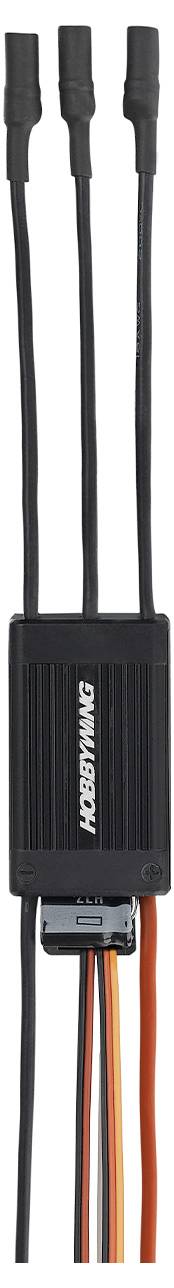 Composant électronique noir comportant trois câbles en haut et quatre en bas, incluant un câble rouge et un câble orange.