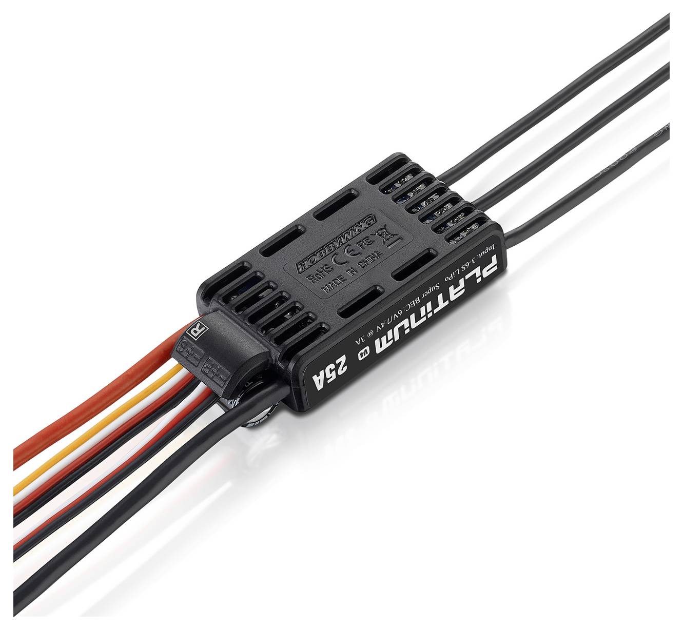 Régulateur électronique de vitesse à plusieurs câbles de différentes couleurs, utilisé pour le contrôle des moteurs électriques dans les modèles réduits.