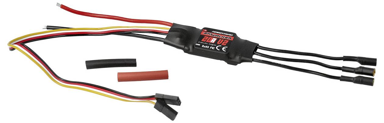 Régulateur de vitesse électronique avec plusieurs câbles et fiches. Contient deux gaines thermorétractables, l'une rouge et l'autre noire.